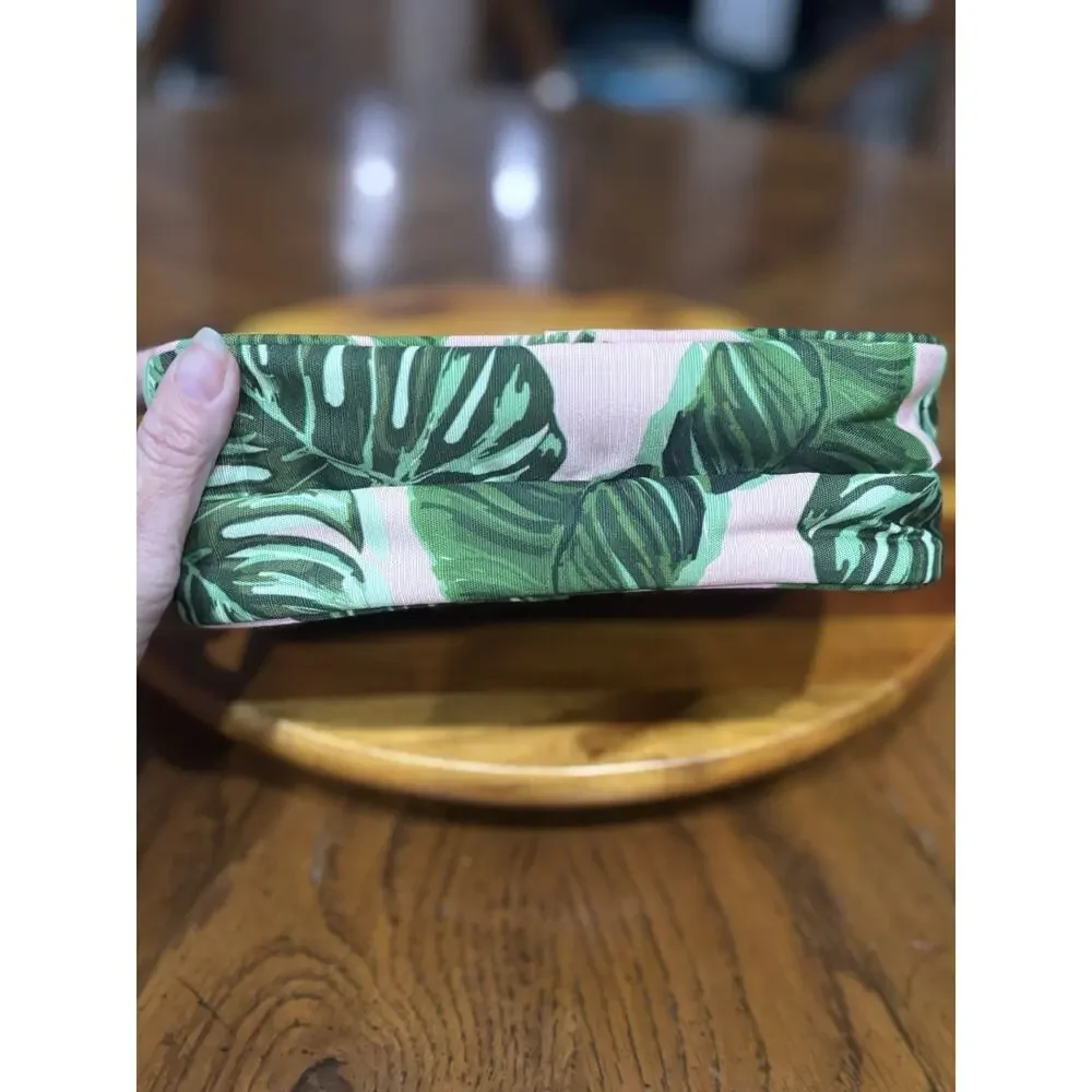Sophia Joy Fabric Tropical Leaf Print Double Zip Makeup Bag, Green/Pink